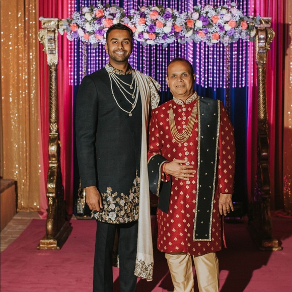 Royal Blue & Red Sherwani with Gold Accents - Picture 3 of 3